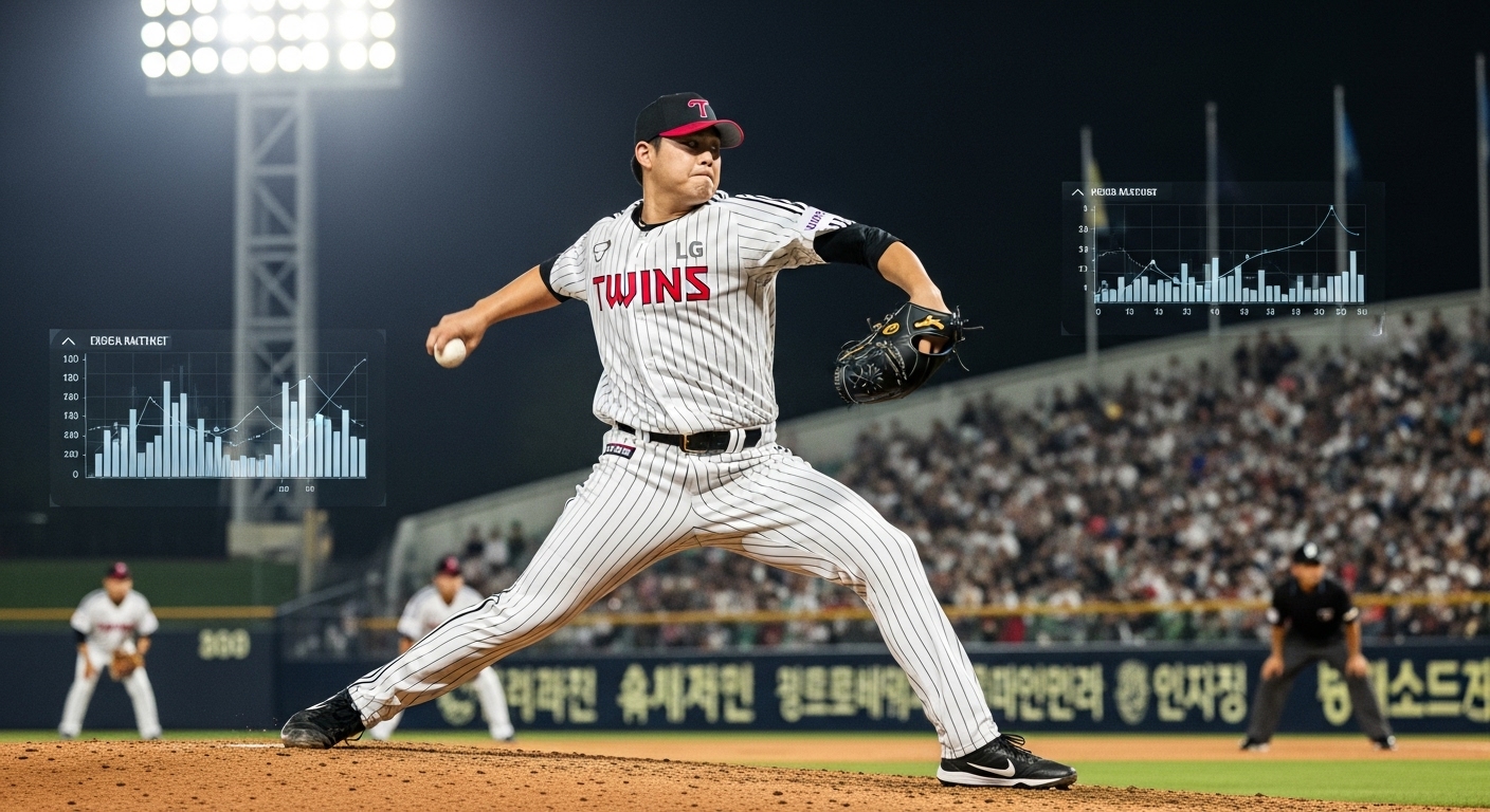 압도적인 투구폼으로 공을 던지는 투수의 모습. LG 트윈스의 강력한 마운드를 상징한다. 배경에는 관중으로 가득 찬 야구장이 보인다.