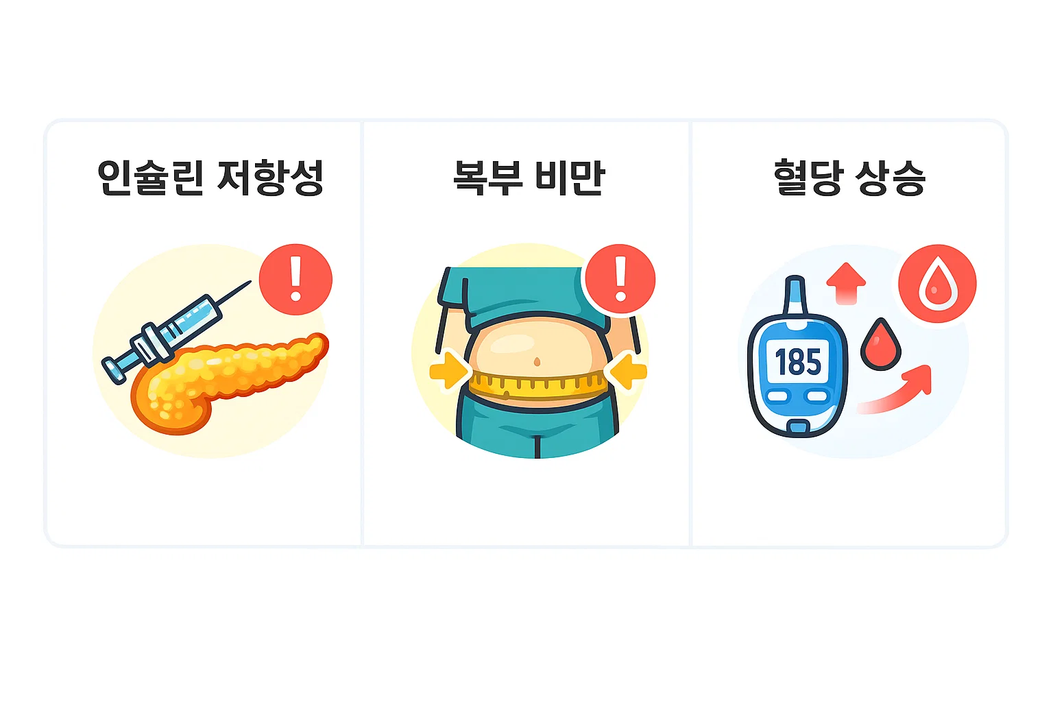 인슐린 저항성 증가와 복부 비만이 혈당 상승으로 이어지는 과정을 이해하기 쉽게 시각화한 당뇨병 원인 설명 이미지입니다
