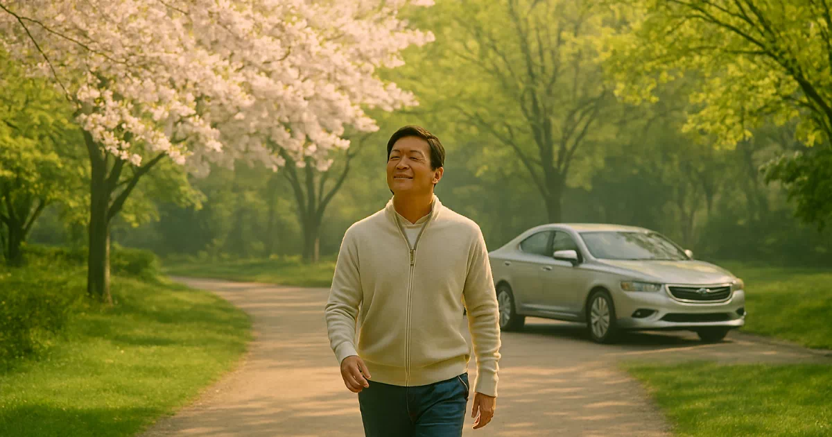 [2026 자동차 탄소중립포인트] 봄날, 차 대신 걷기를 선택하며 맑은 공기를 즐기는 어르신의 모습