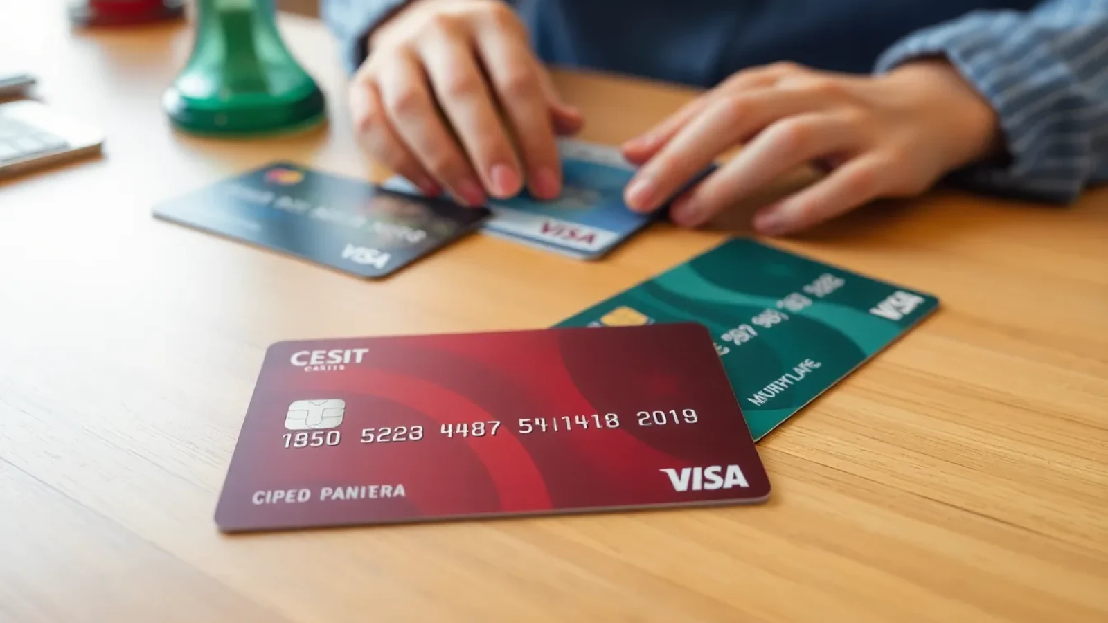 민생회복 지원금을 신용카드로 지급 받을 수 있다 . 탁자에 카드가 놓여있는 모습