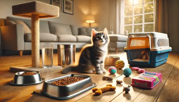거실 바닥에 새끼 고양이를 위한 필수 용품들이 쌓여 있다. 사료, 물그릇, 화장실과 모래, 스크래처, 기본 장난감 등이 놓여 있으며, 새끼 고양이는 호기심 가득한 눈으로 이 물건들을 바라보고 있다.