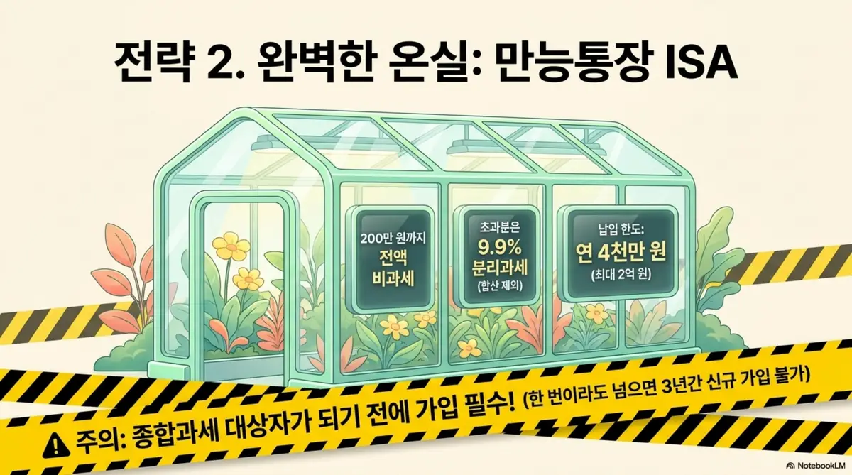 금융소득종합과세 절세를 위한 ISA 만능통장을 온실에 비유한 인포그래픽 이미지. 유리 온실 안에 200만 원까지 전액 비과세와 초과분은 9.9% 분리과세 그리고 납입 한도 연 4천만 원 최대 2억 원이라는 안내판이 설치되어 있다. 하단에는 종합과세 대상자가 되기 전에 가입 필수라는 경고 테이프가 표시되어 있다. 이 이미지는 ISA 계좌의 비과세와 분리과세 혜택 그리고 사전 가입의 중요성을 시각적으로 전달하며 블로그의 금융소득종합과세 ISA 활용 전략과 관련된 내용을 설명함