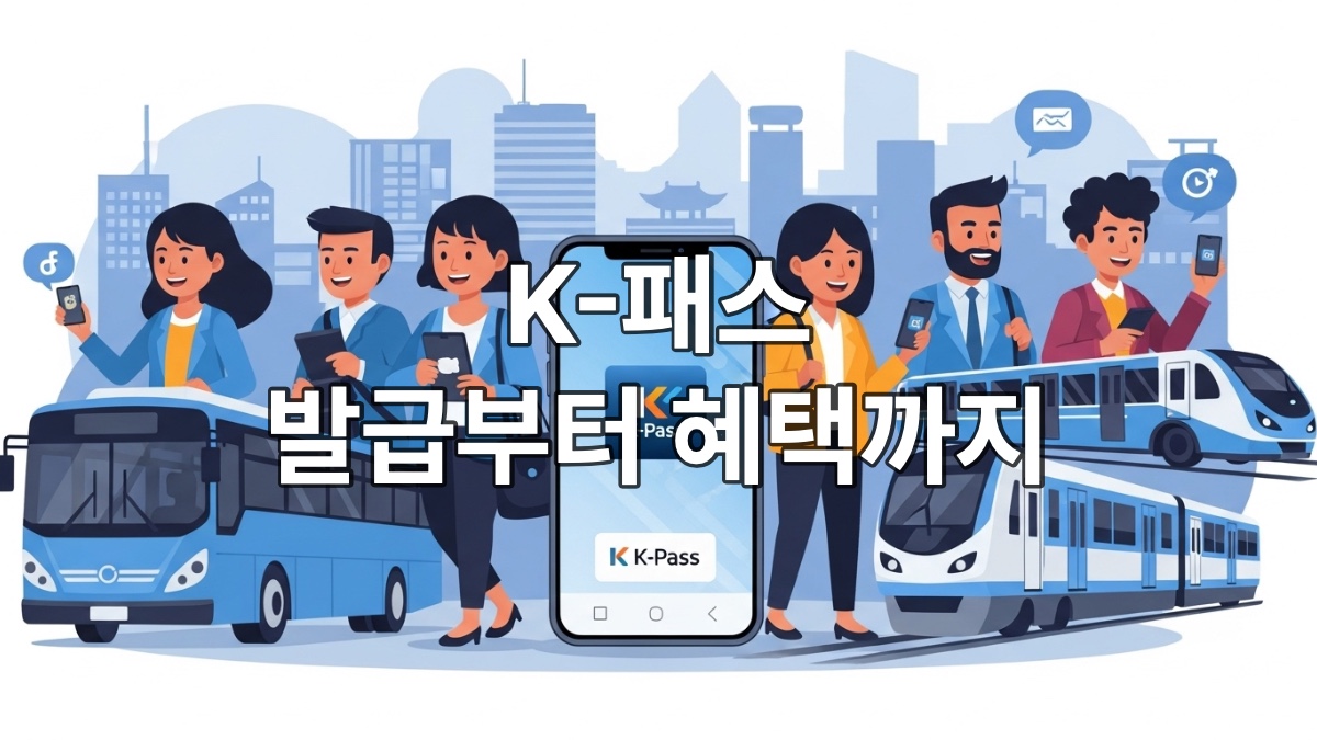 다양한 사람들이 K-패스 카드로 대중교통을 편리하게 이용하며 행복하게 출퇴근하는 모습. K-패스 로고가 선명한 스마트폰 화면이 보입니다.