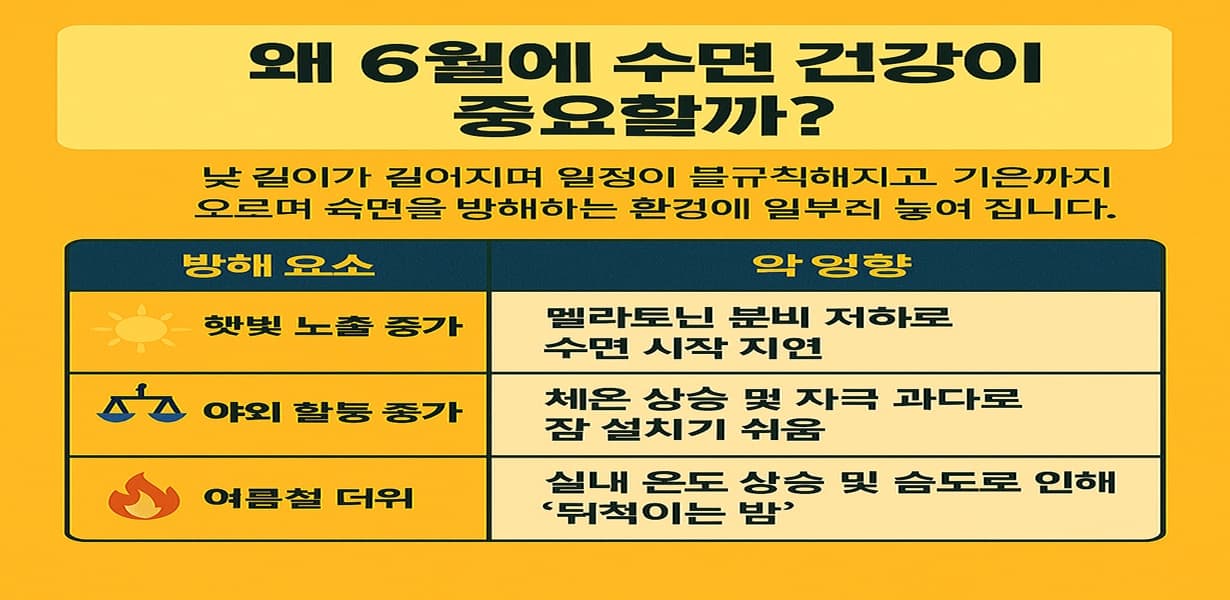 6월 수면 건강의 중요성과 방해 요소를 정리한 인포그래픽