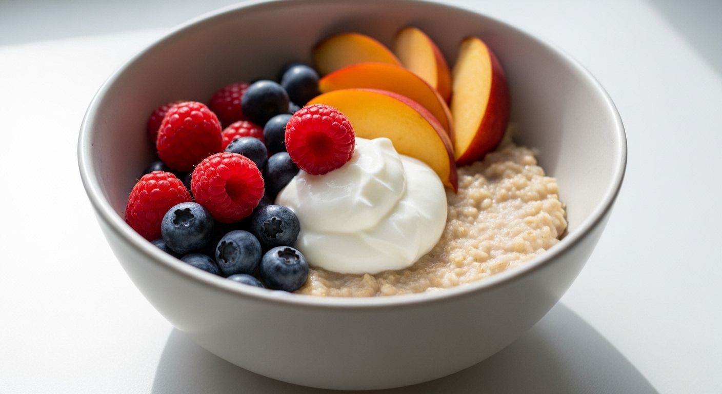 무가당 요거트와 제철 과일이 담긴 오트밀 다이어트 식단