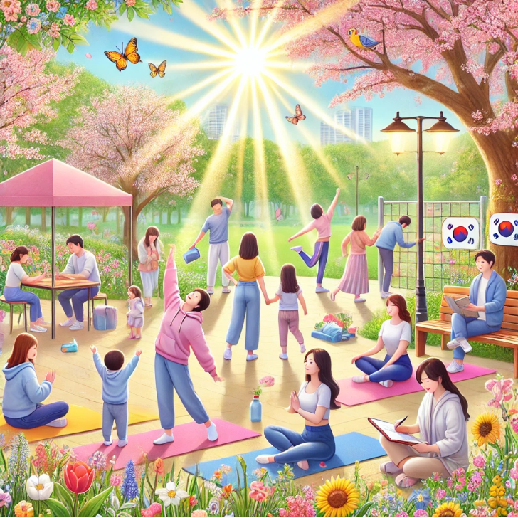 따뜻한 봄날 스트레스 해소를 위해 열심히 운동하고 즐기는 모습