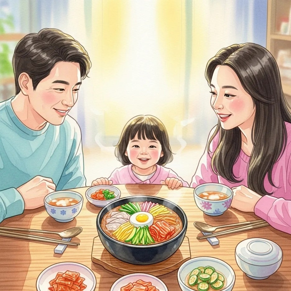 가족이 둘러앉아 잔치국수를 먹으며 행복을 나누는 모습.