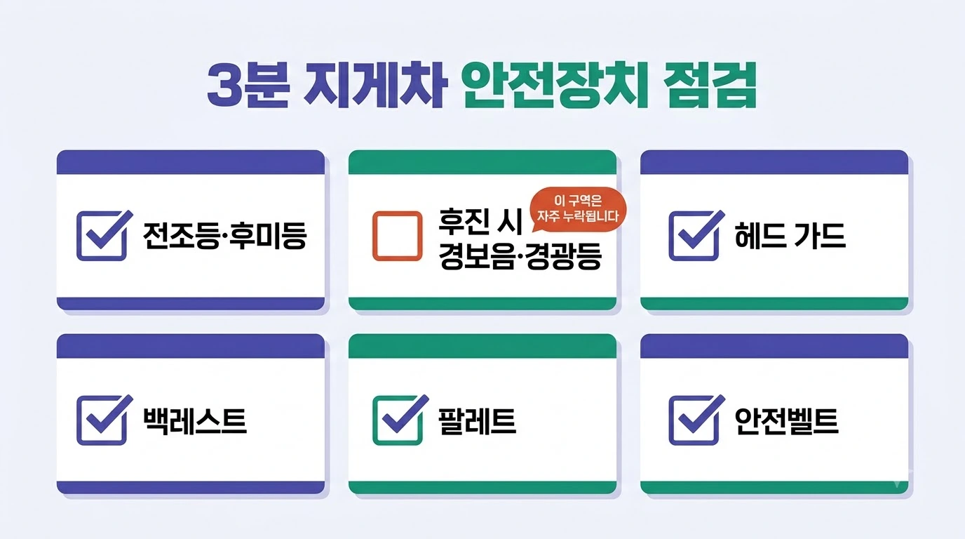 지게차 방호장치 6가지 점검 항목을 체크박스 형태로 정리한 요약 이미지