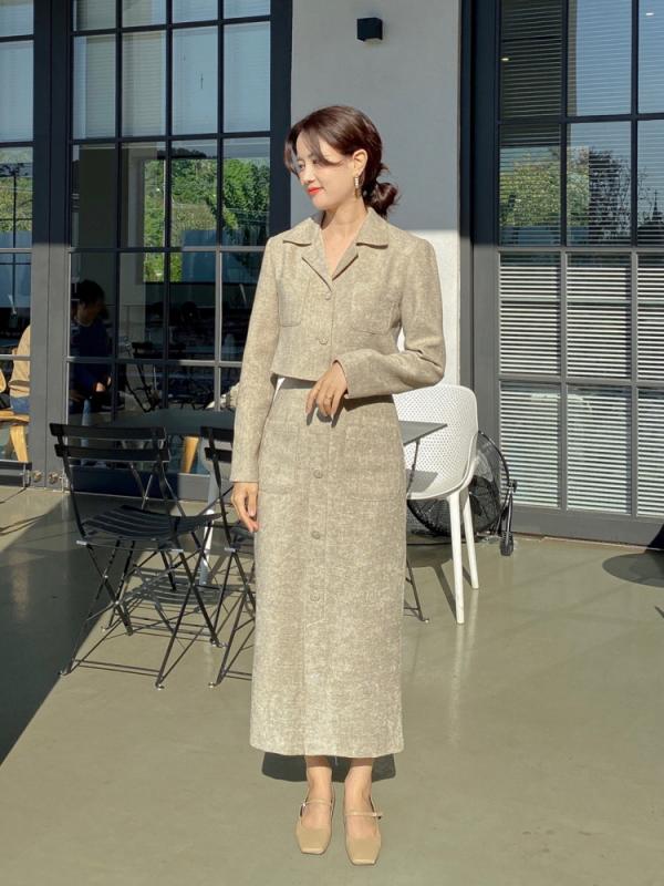 결혼식 하객룩 트위드 투피스 세트 롱 스커트 자켓 치마 셋업