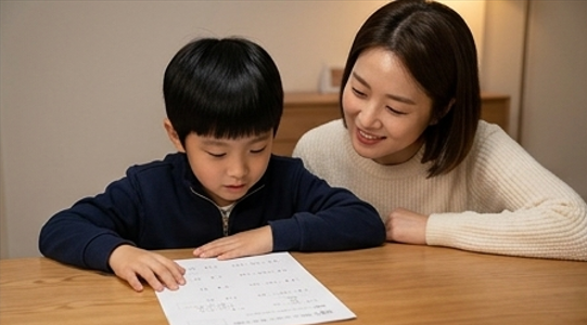 아이가 시험지를 보고 있고 엄마가 옆에서 따뜻하게 바라보는 장면