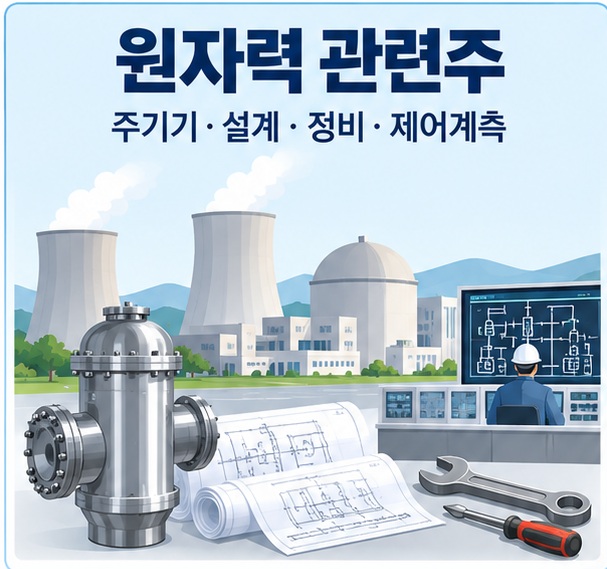 원자력 관련주라는 제목과 원자력발전소, 원자로 주기기, 설계도, 제어시스템을 함께 표현한 대표 이미지