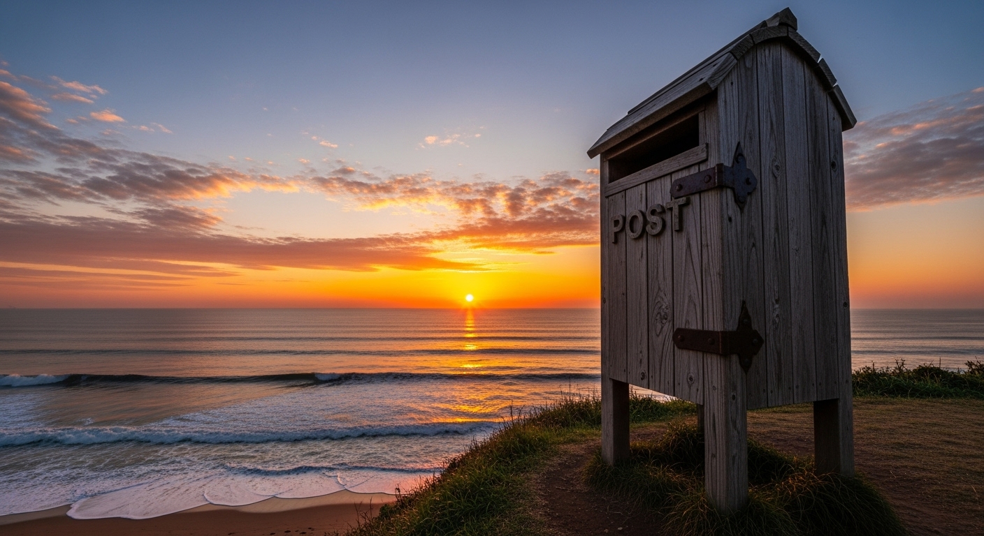 울산 간절곶의 상징인 거대한 소망우체통 너머로 붉게 떠오르는 새해 첫 일출의 장엄한 모습.