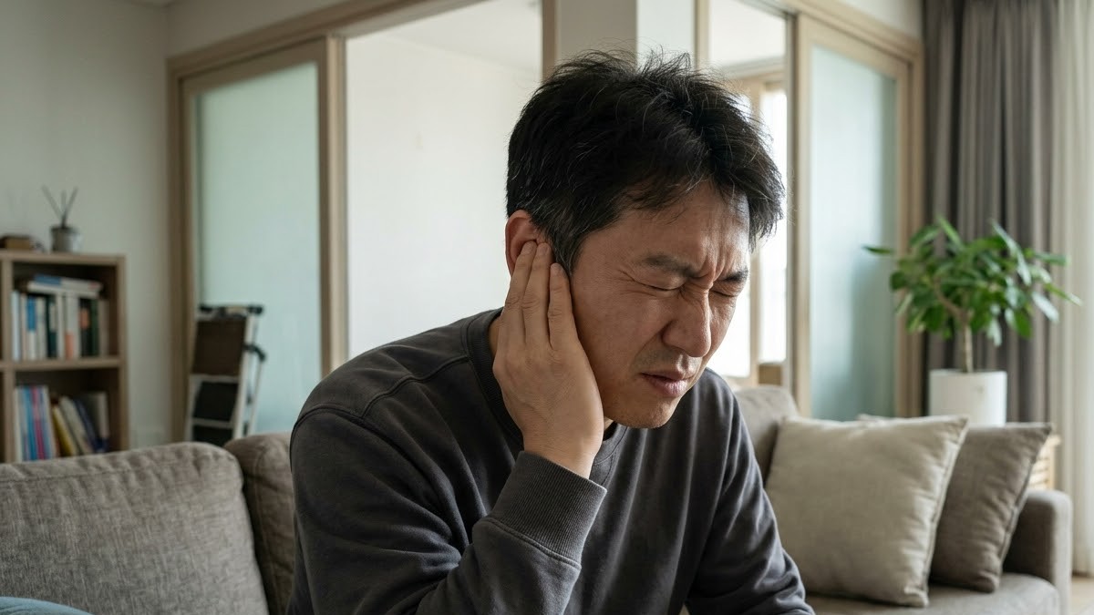 한쪽 귀를 감싸고 통증에 얼굴을 찡그리는 남성