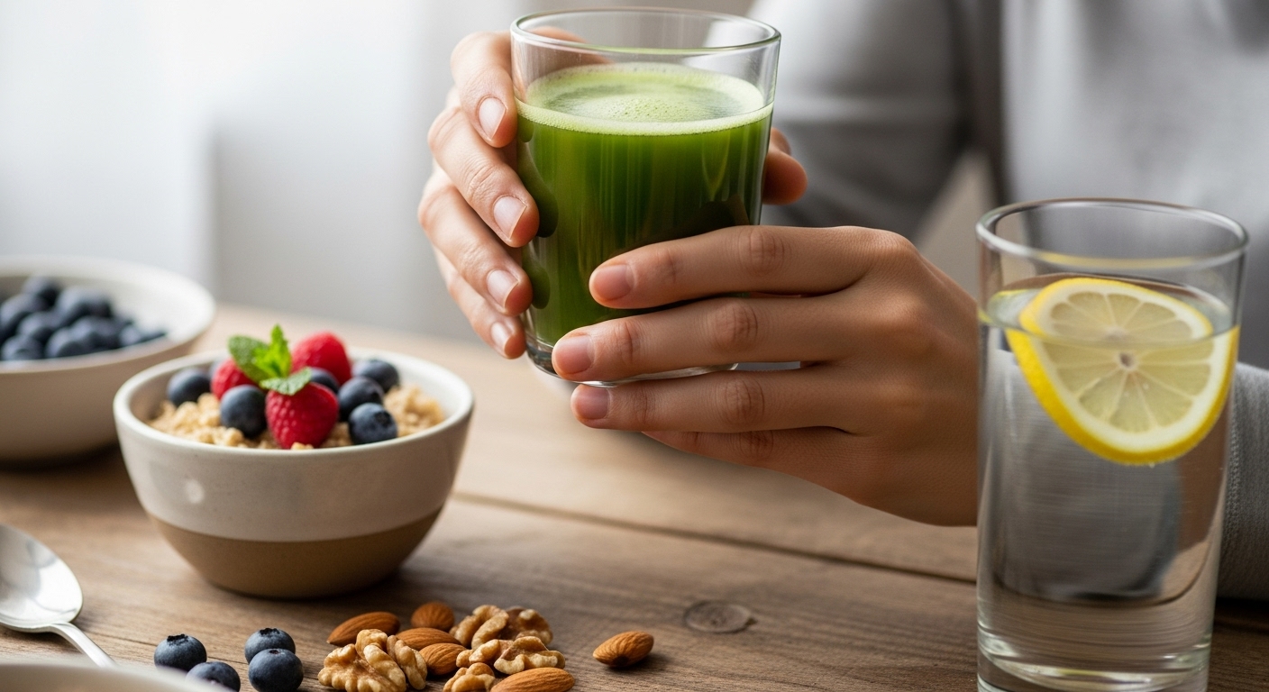 건강한 아침 식사와 함께 클렌징 주스를 마시는 사람