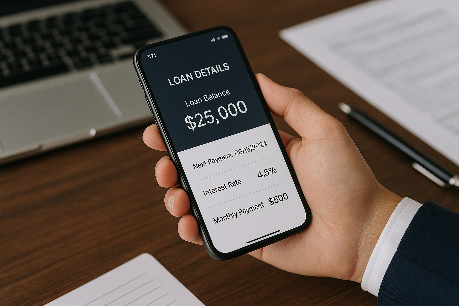 금융 앱으로 대출 내역을 확인하는 직장인의 손