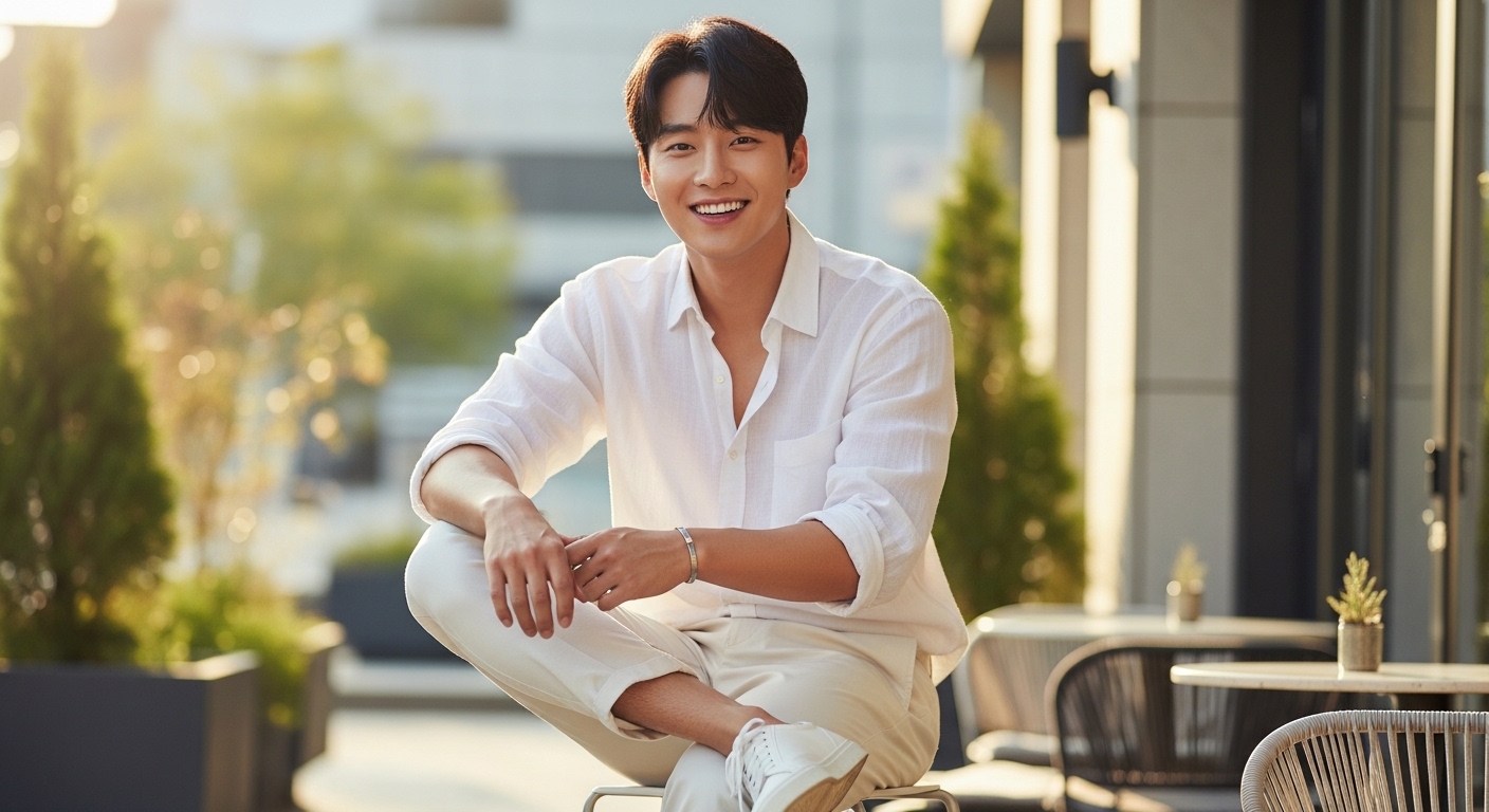 밝은 미소로 소통을 유도하는 감각적인 여름 남친룩 무드의 마무리 스냅샷