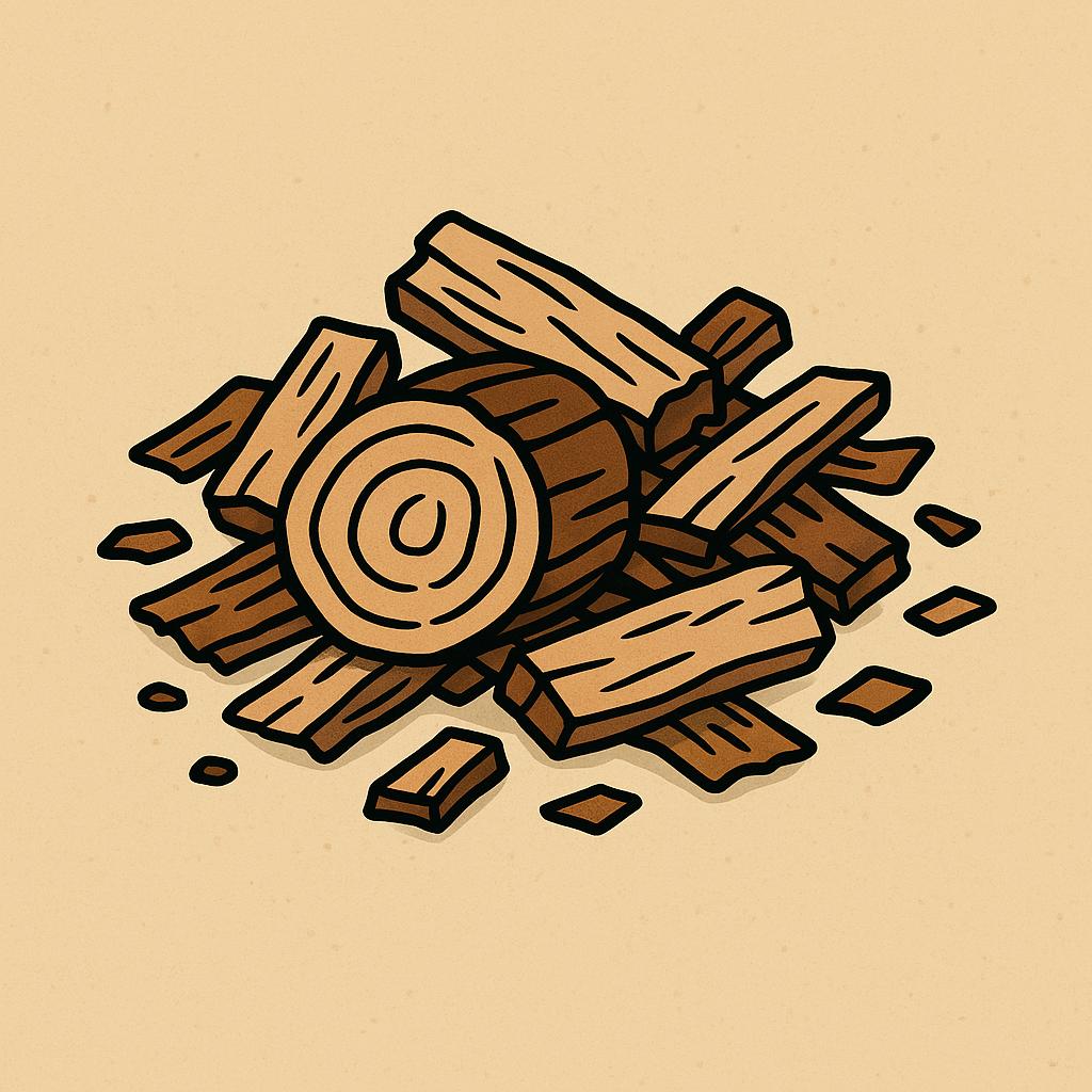 목심(木心) 천연 약재의 나무 조각들이 놓여있는 일러스트 이미지, 기관지 및 목 건강을 위한 천연 치료법