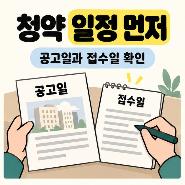 청약 일정 먼저와 공고일과 접수일 확인 문구 아래 손이 공고일 안내문과 접수일 메모를 나란히 펼치고 펜으로 확인하는 삽화