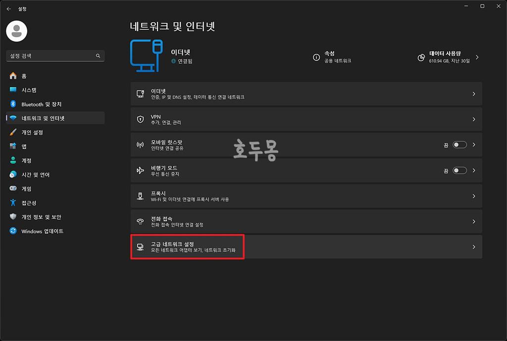 고급 네트워크 설정