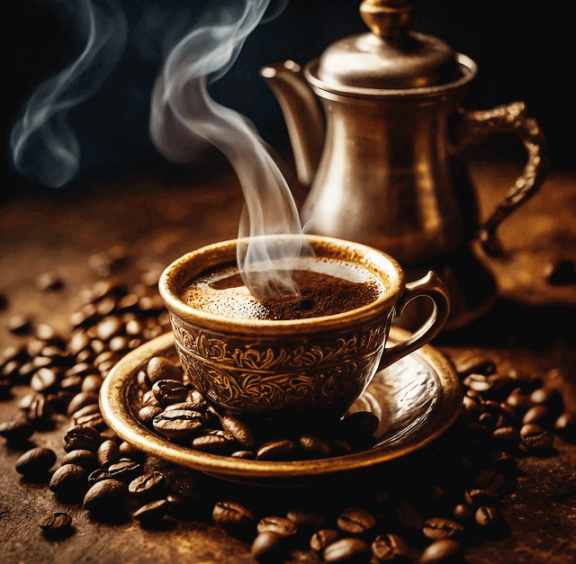 갈색 커피잔에 뜨거운 블랙커피가 있다. 하얀 연기가 피어오르고 주변엔 고동색 커피콩들이 흩어졌다.