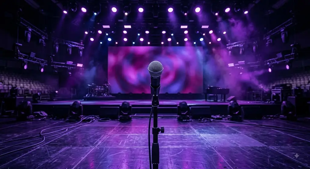 콘서트 무대 조명과 마이크, 감성적인 보라빛 조명
