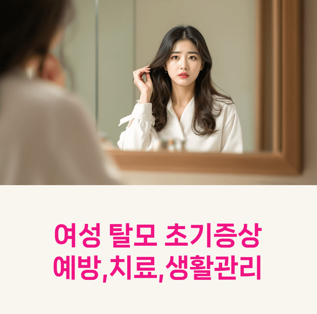 Korean woman looking concerned while checking her hair in mirror, soft natural lighting, modern bathroom setting