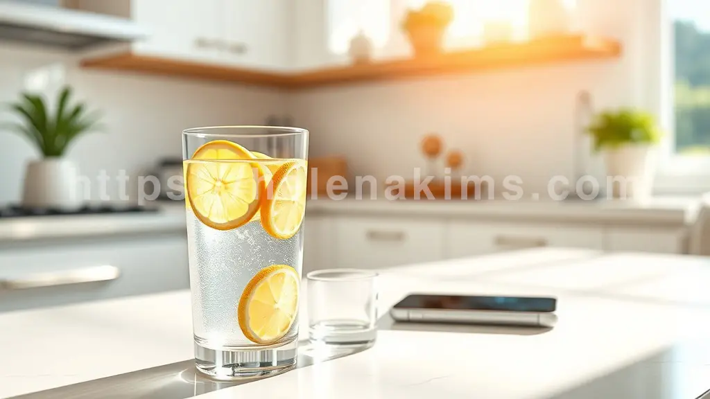 햇살이 부드럽게 비추는 아침 주방 공간에서, 투명한 유리잔에 담긴 맑은 물과 신선한 레몬 슬라이스, 레몬즙 몇 방울이 싱그러움을 더한다.