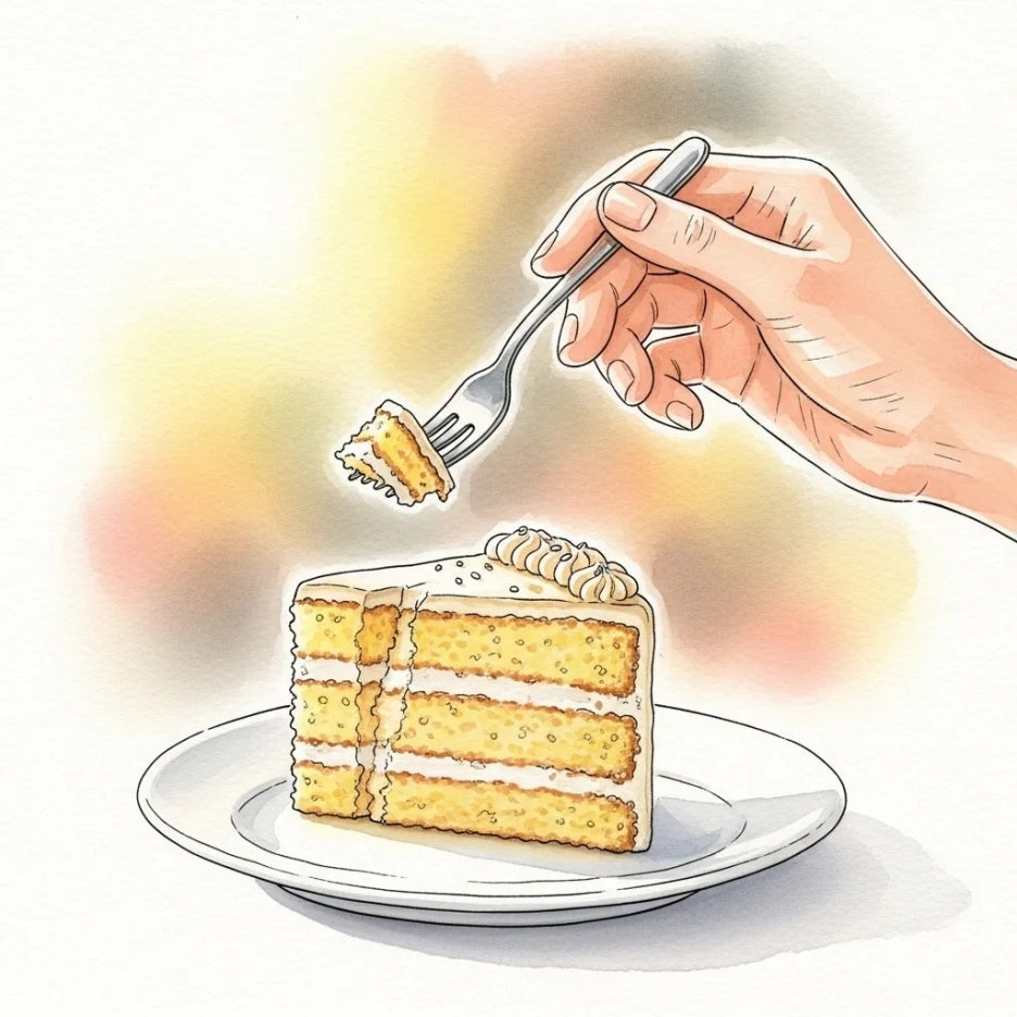 포크로 잘라낸 두쫀팝 케이크 한 조각