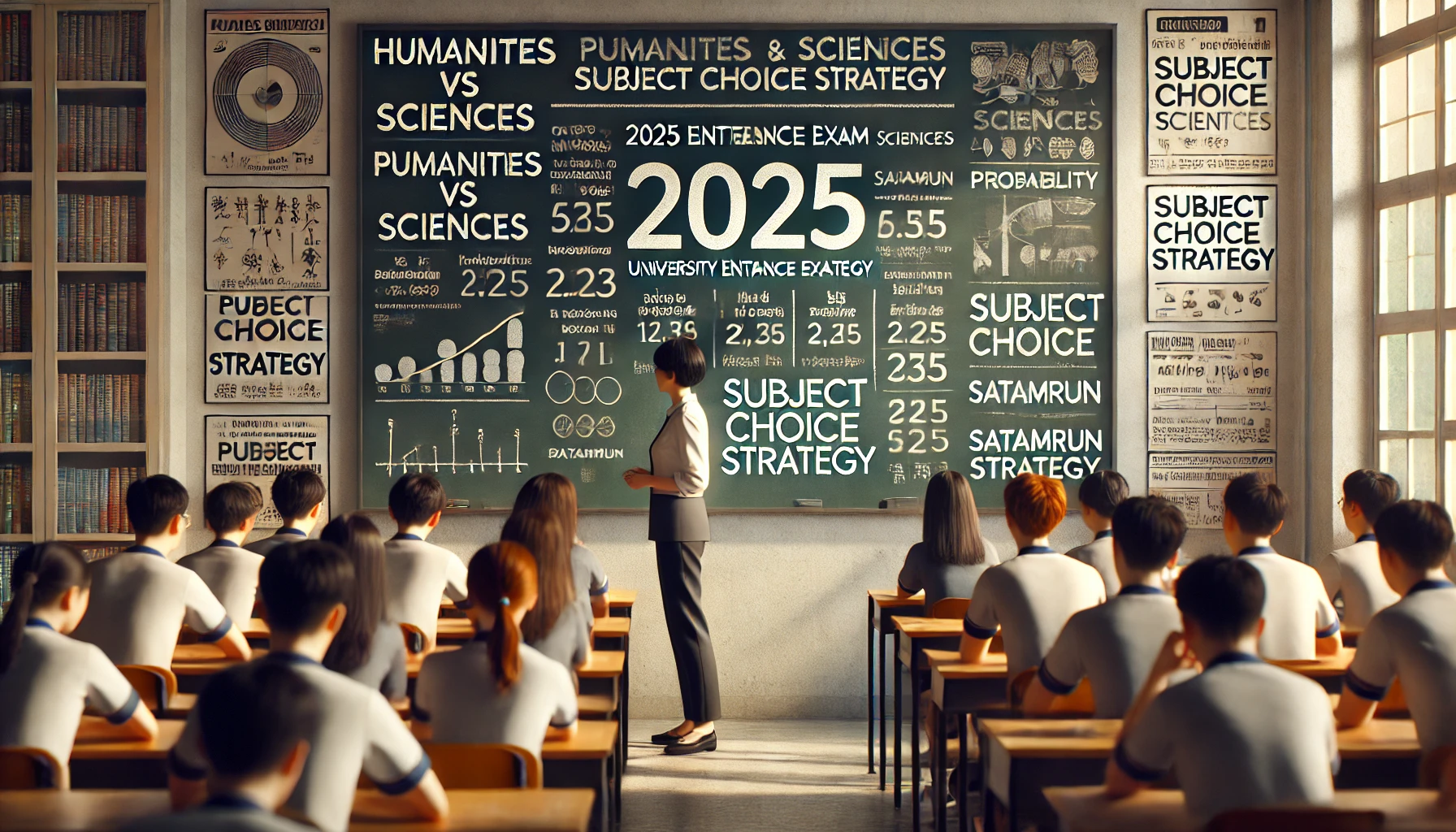 2025 수능 전략 키워드가 적힌 칠판 앞 교사의 모습