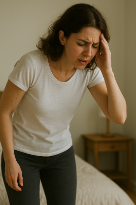 일어서면서 어지러워하는 여성