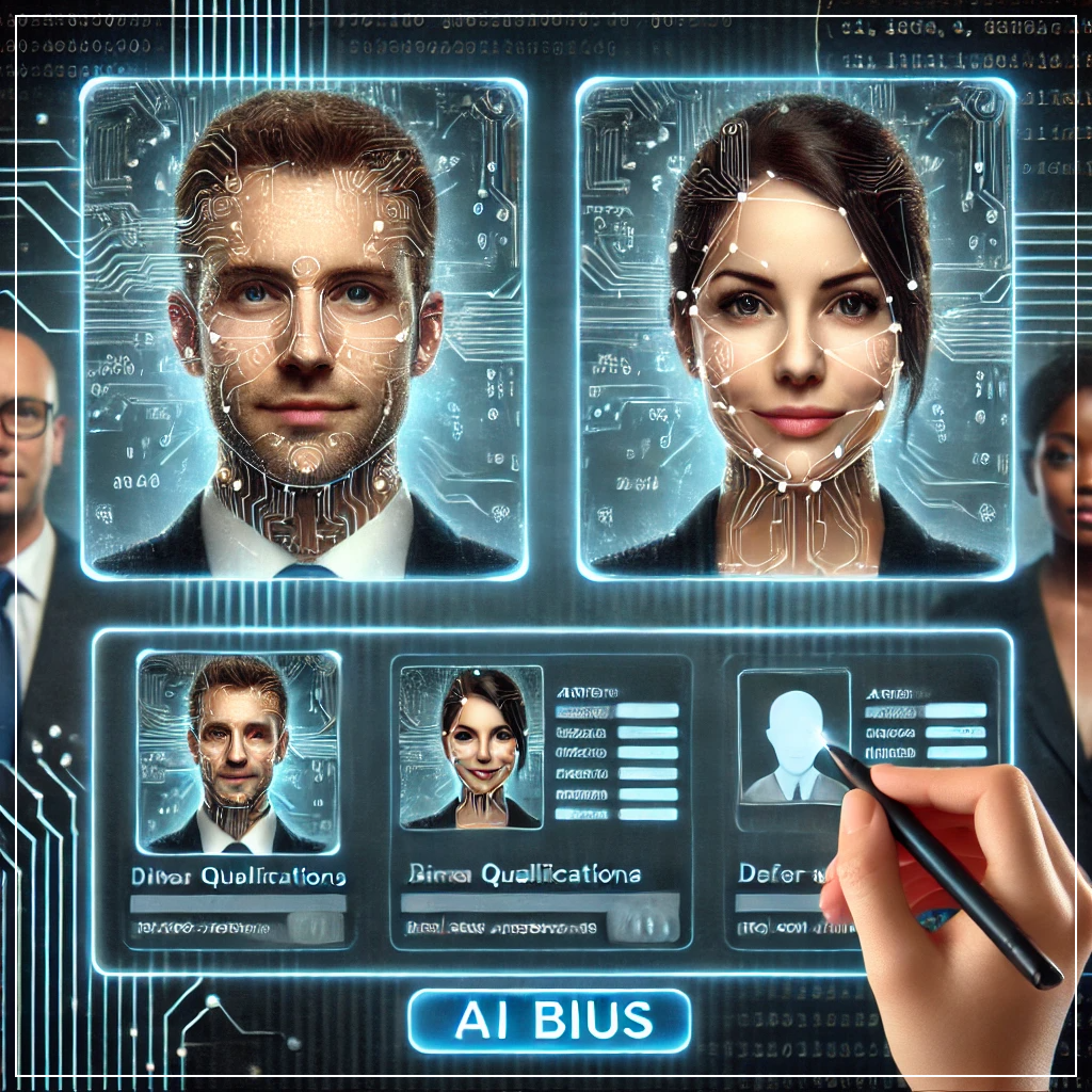 두 명의 비슷한 자격을 가진 후보가 AI에 의해 성별 차이로 다른 평가를 받는 장면