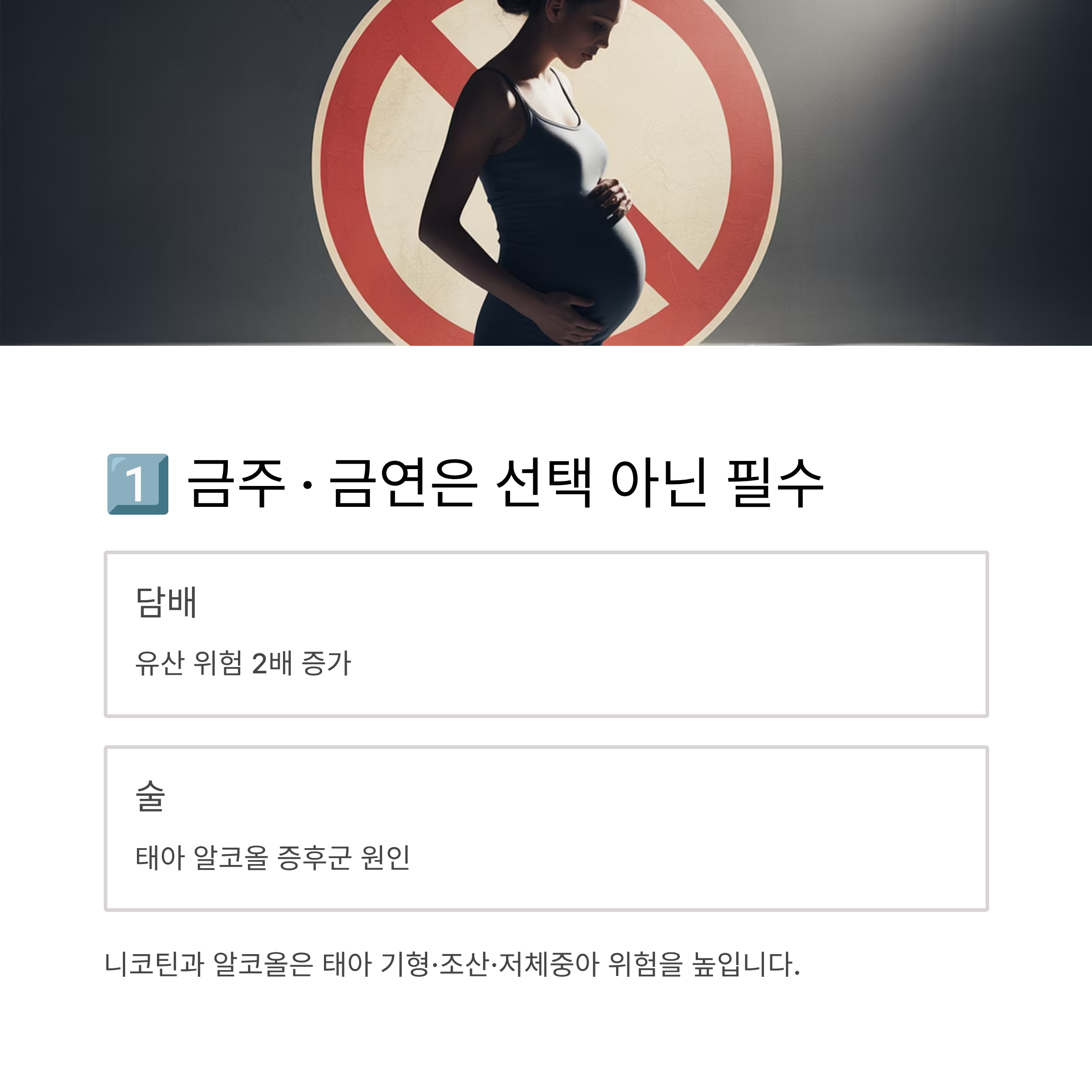 임신부의 실루엣과 금지 표시를 배경으로, 임신 중 금주·금연의 중요성을 강조하며 흡연은 유산 위험 2배, 음주는 태아 알코올 증후군의 원인이라는 내용을 담은 인포그래픽