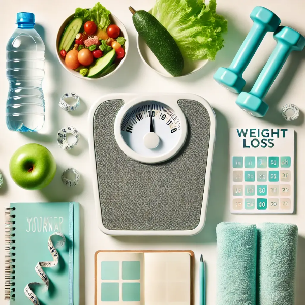다이어트 플래토를 상징하는 정지된 체중계 바늘과 플래너, 건강식품 세팅