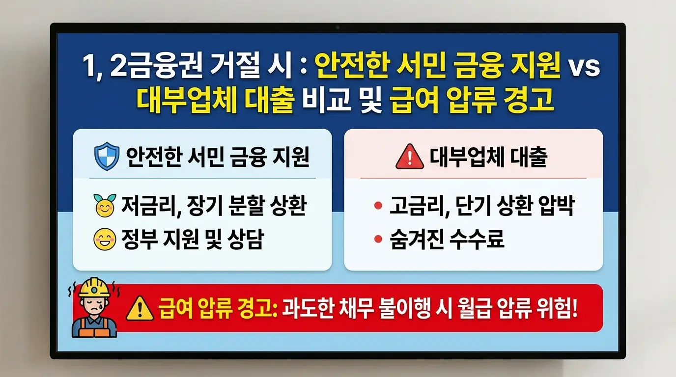 1, 2금융권 거절 시 대안으로 활용할 수 있는 안전한 서민 금융 지원과 대부업체 대출의 비교 및 급여 압류 경고