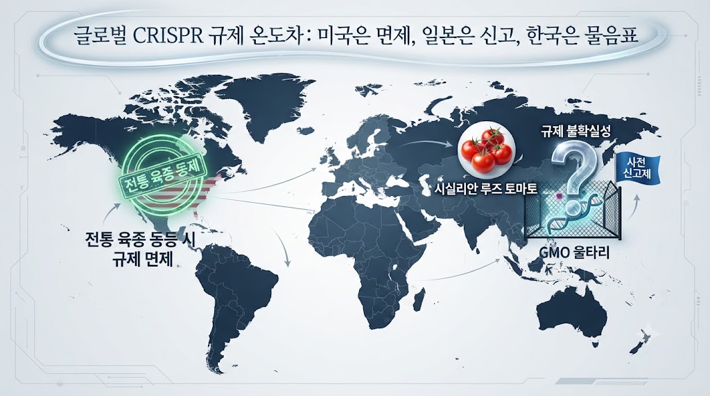 이미지 중앙에는 세계 지도가 있고, 각국 영토 위에 해당 국가의 규제 방향을 상징하는 아이콘이 표시되어 있습니다. 미국(USA) 영토 위에는 '전통 육종 동등 시 면제'를 상징하는 초록색 통과 도장이, 일본(Japan) 영토 위에는 세계 최초로 판매된 '시실리안 루즈 토마토' 아이콘과 함께 '사전 신고제'를 의미하는 파란색 깃발이 꽂혀 있습니다. 반면 한국(Korea) 영토 위에는 CRISPR 작물이 GMO 울타리 안에 갇혀 있는 그림과 함께 '규제 불확실성'을 상징하는 물음표 아이콘이 크게 그려져 있습니다. (지정학 지도 일러스트)
