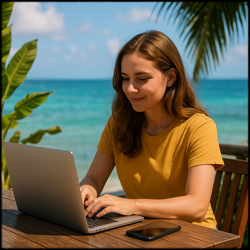 해변에서 노트북으로 부업 중인 디지털 노마드 여성