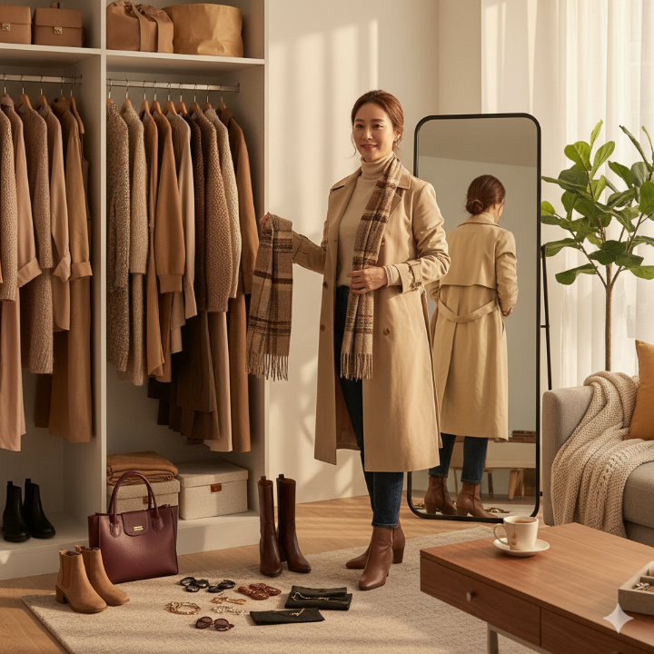 40대 여성이 가을 패션 아이템들을 코디하는 모습