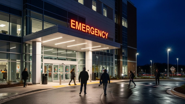 야간 응급실 입구를 보여주는 병원 전경 이미지