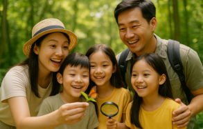 아이들과 산에서 곤충과 자연생물을 관찰하는 모습