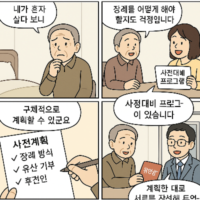 1컷: 노인이 말함 – “내가 혼자 살다 보니 장례를 어떻게 해야 할지도 걱정입니다.”
2컷: 여성이 ‘사전대비 프로그램’ 안내책자를 들며 말함 – “사전대비 프로그램이 있습니다.”
3컷: 노인이 사전계획서를 보며 말함 – “구체적으로 계획할 수 있군요.” (장례 방식, 유산 기부, 후견인 체크박스 표시)
4컷: 정장을 입은 남성이 유언장을 들고 말함 – “계획한 대로 서류를 작성해 두어요.”