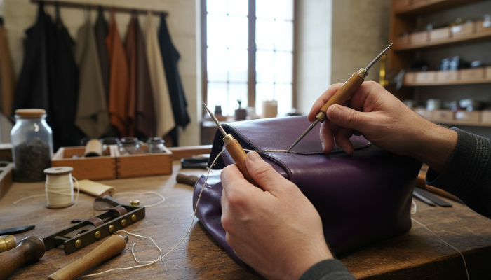 전통적인 프랑스 공방에서 장인이 수작업으로 가죽 가방을 제작하고 있는 모습
