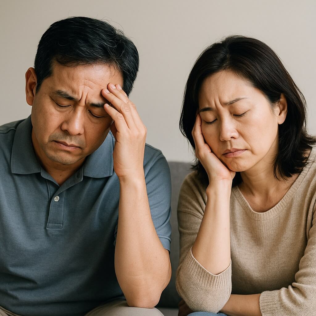 40~50대 중년 한국 남성과 여성이 나란히 앉아 피곤한 표정으로 얼굴을 짚고 있는 모습. 만성 피로와 스트레스를 겪는 중년의 현실을 보여주는 장면