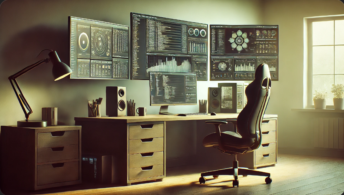 소프트웨어 개발과 가상화 작업에 초점을 맞춘 강력한 컴퓨터가 있는 홈 오피스