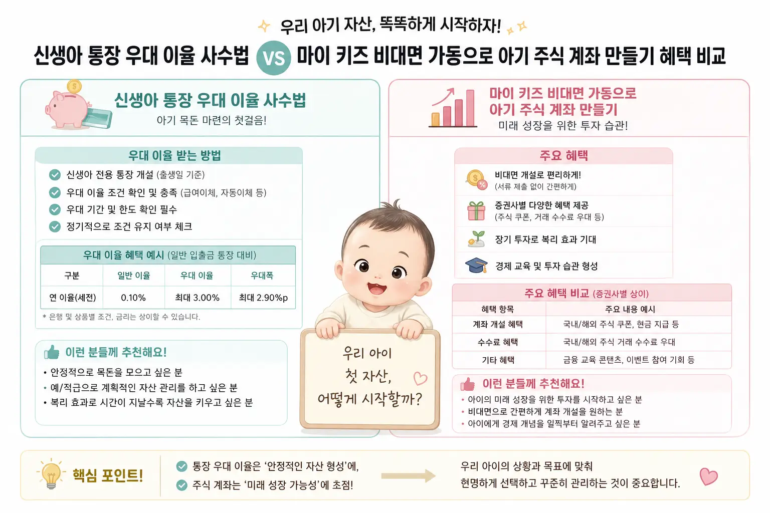 신생아 통장 우대 이율 사수법과 마이 키즈 비대면 가동을 통해 아기 주식 계좌 만들기 혜택을 비교하는 모습