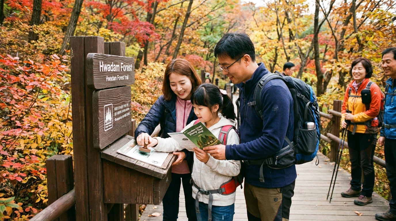 화담숲 산책로에서 스탬프 투어 지도를 들고 도장을 찍는 모습