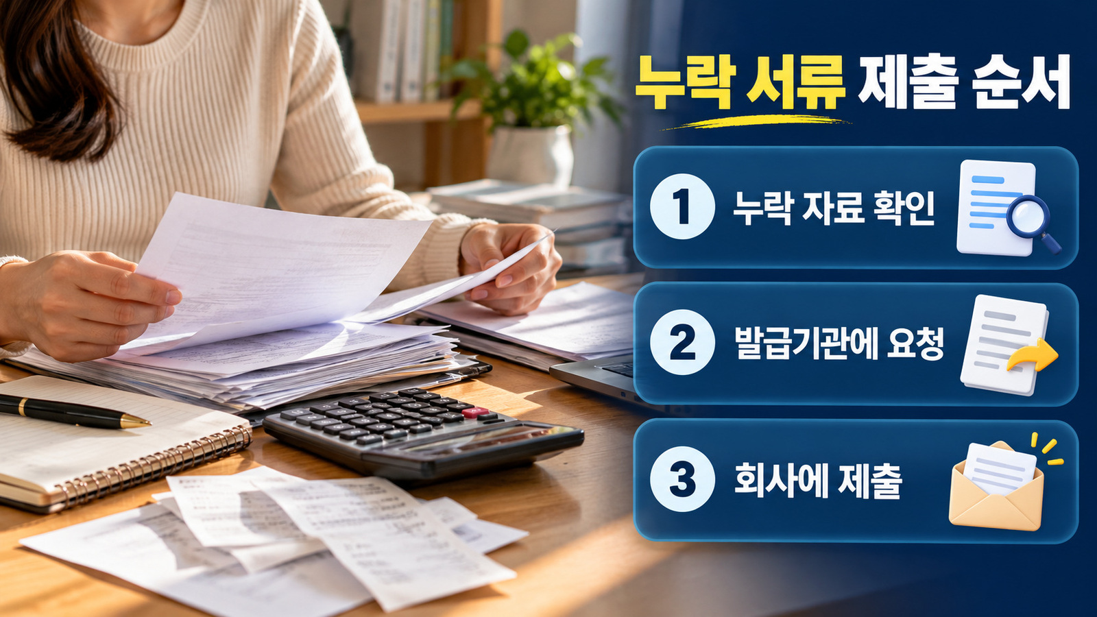 여성이 종이 증빙을 분류하는 실사 장면 옆에 누락 자료 확인, 발급기관에 요청, 회사에 제출 순서를 표시한 인포그래픽