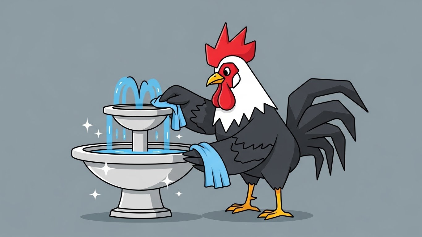 반짝이는 분수를 닦으며 디테일한 마무리를 하는 꼼꼼한 닭 캐릭터의 2D 플랫 벡터 일러스트