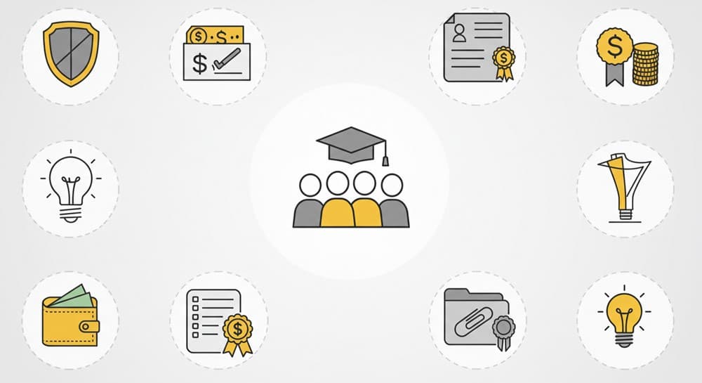 중앙 학교 아이콘, 주변에 체크 실드(자격)&middot;지갑+코인(금액)&middot;서류철+도장(서류)&middot;전구(꿀팁), 오프화이트 배경