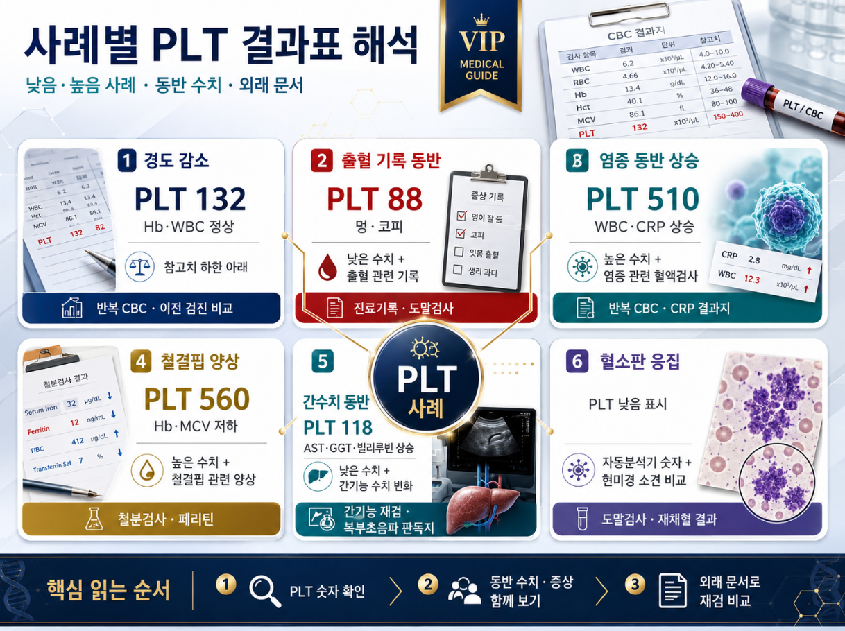 사례별 PLT 결과표 해석 인포그래픽으로 경도 감소, 출혈 기록 동반, 염증 동반 상승, 철결핍 양상, 간수치 동반, 혈소판 응집 사례를 정리한 이미지