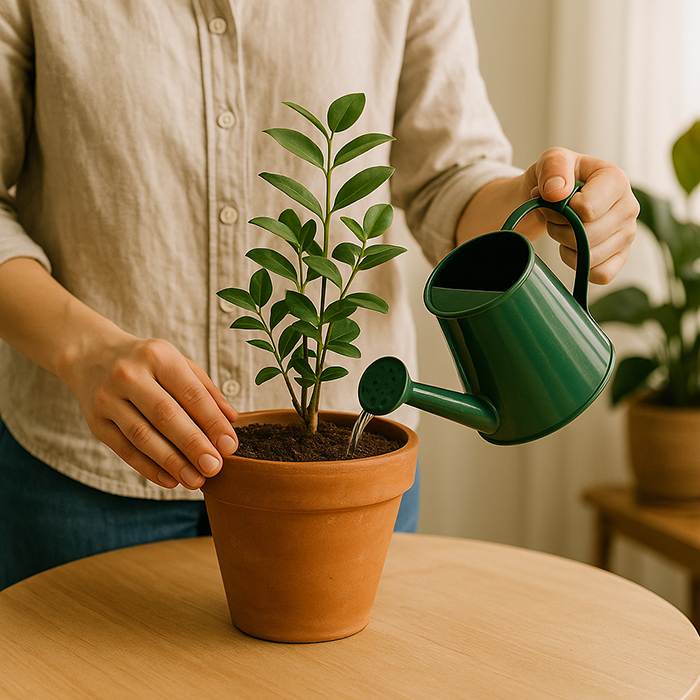 화분에 물을 주고 있는 모습